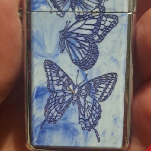Zippo lighter with blue marbled butterflies acrylic mosaic 2005