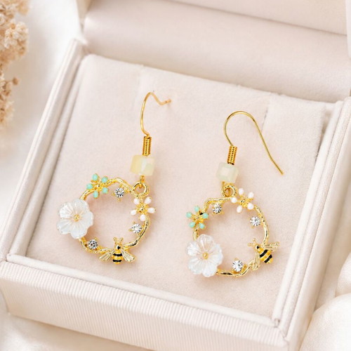 Handmade Secret Garden Earrings gold wreaths with bees and flowers