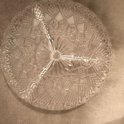Glass platter with compartments for nuts like new, engraved