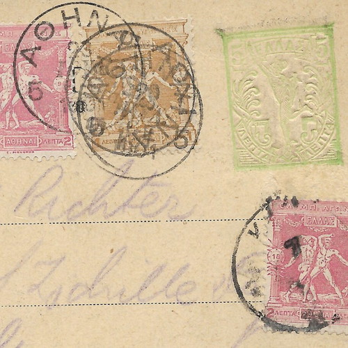 1896 Olympic Games Postcard with Three Olympic Stamps and 5 Lepta Embossed, Used