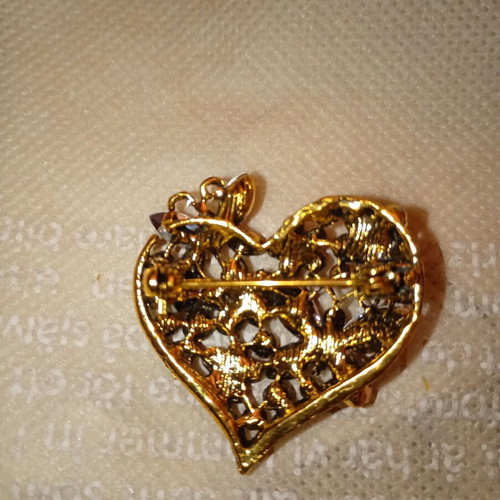 Vintage heart brooch with butterflies, new, red and gold