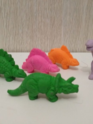 Vintage rubber dinosaur figures set used, 1980s monochrome erasers