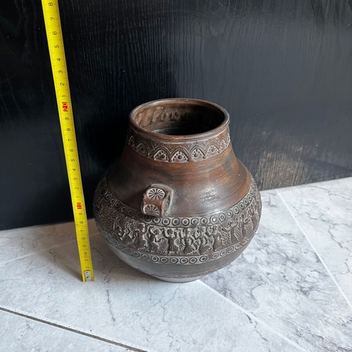 Decorative clay vase with embossed design, 20 cm, Greek made