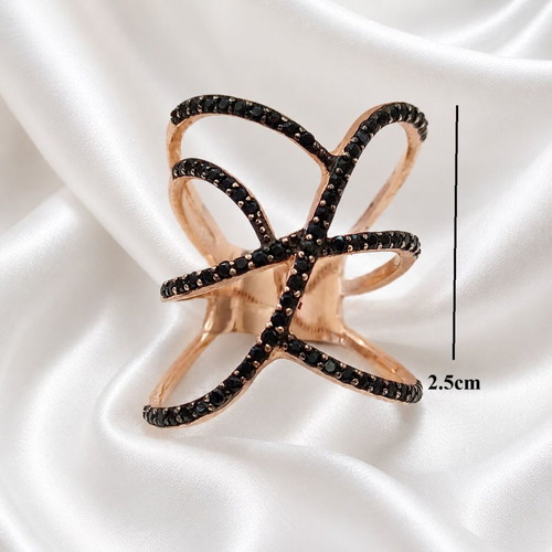 Handmade rose gold plated silver ring with black zirconia, size 57