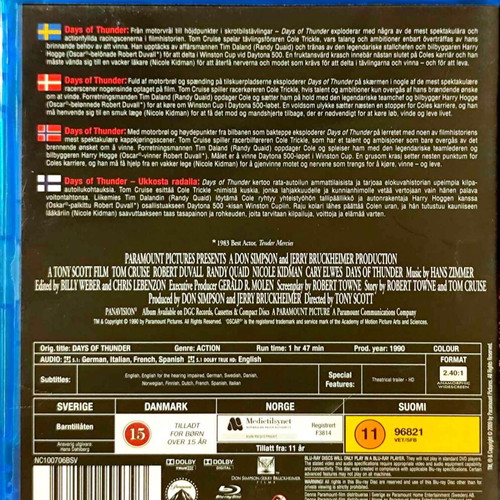 Days of Thunder Blu-Ray μεταχειρισμένο με αγγλικούς υπότιτλους