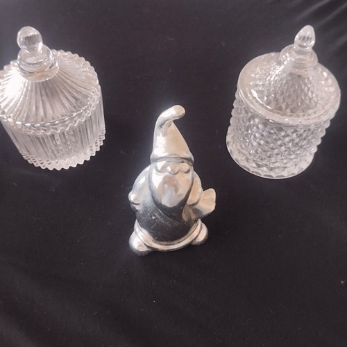 Decorative glass jars and silver Santa figurine set like new