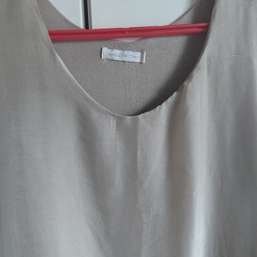 Soprano women's top medium beige satin texture, asymmetrical sides, like new