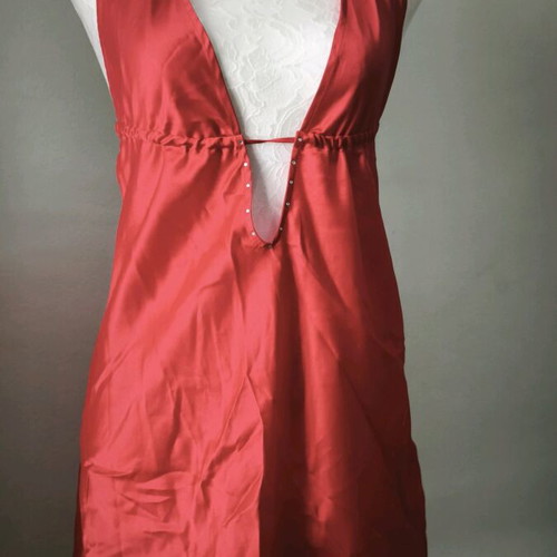 Lingerie red satin nightdress used, mini with V neckline and halter neck