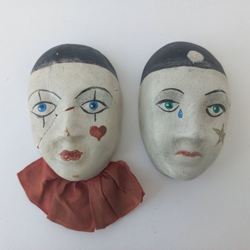 Pair of old used Pierrot masks handmade ceramic