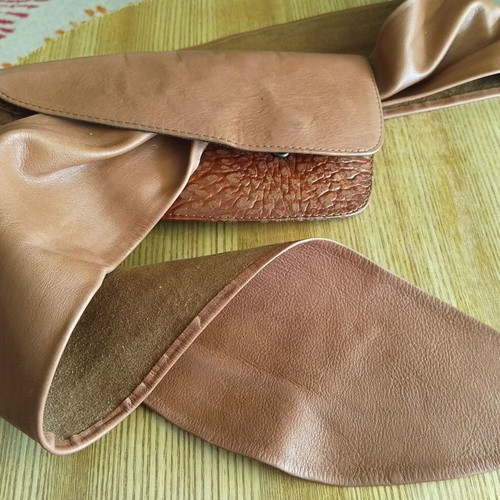 Vintage wide leather belt, brown/tan, handmade