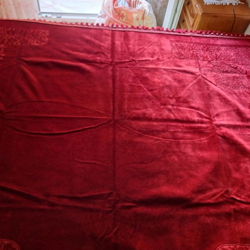Vintage velvet narrow rectangular tablecloth, burgundy, embossed corners