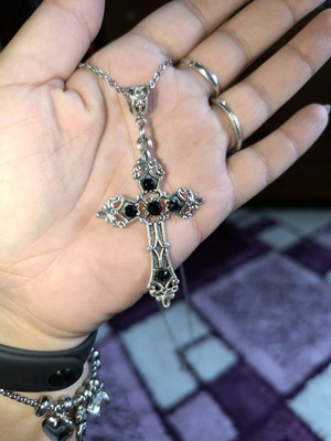 Y2K stainless steel cross with black crystals and stainless steel necklace new