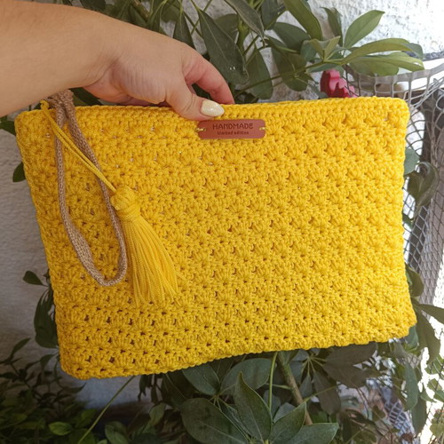 Knitted yellow clutch bag handmade, new