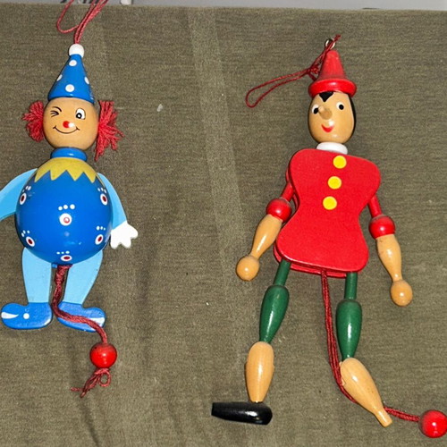 Set of 2 Wooden Articulated Wall Toys Pinocchio & Clown (Jumping Jacks, Italy)