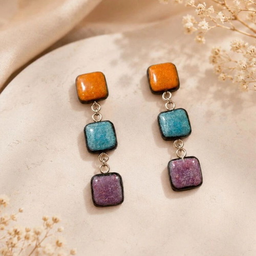 Dangling earrings new, multicolor design, handmade clay and glass