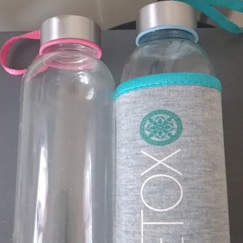 Glass water bottles like new, blue and fuchsia with fabric handle