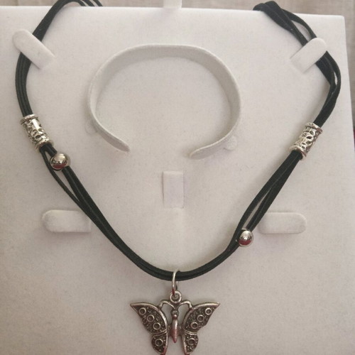 Butterfly necklace suede and leather new, black and silver