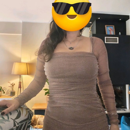 Elastic dress like new with see through sleeves, beige gold