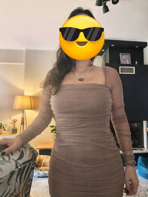 Elastic dress like new with see through sleeves, beige gold