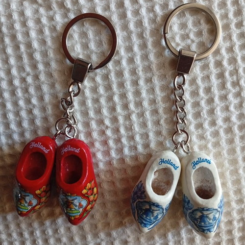 Traditional Dutch souvenir keychains, pair of wooden clogs