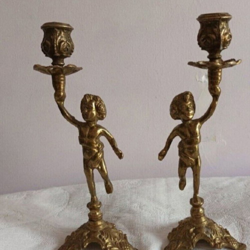 French embossed brass candlesticks used, set of 2, 25 cm