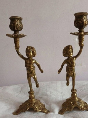 French embossed brass candlesticks used, set of 2, 25 cm