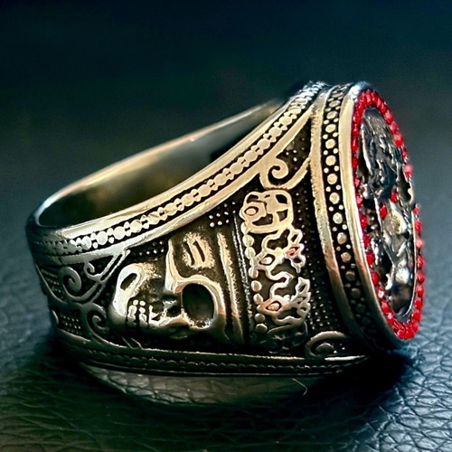 Medusa Gorgon ring, 316L stainless steel with red cubic zirconia