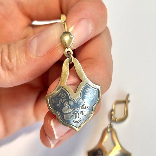 Vintage blackened silver earrings with floral engraving used