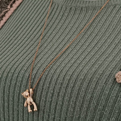 Steel necklace with 18K gold-tone bear pendant, handmade from scratch