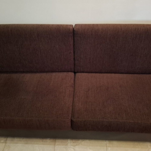 Three-seater sofa like new, genuine leather and fabric, walnut wood frame