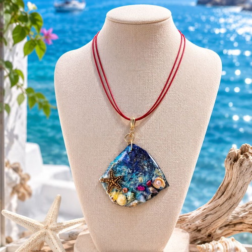 Handmade UNIQUE Long Necklace with Natural Shells, Pearls, and Corals in Liquid Glass