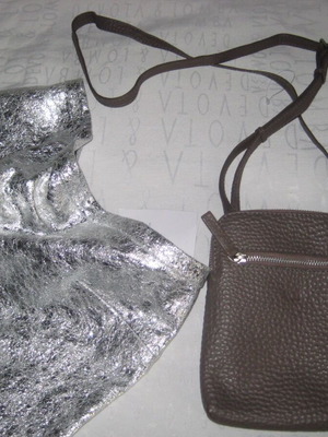 & Other Stories women's leather mini skirt with crossbody bag, metallic silver