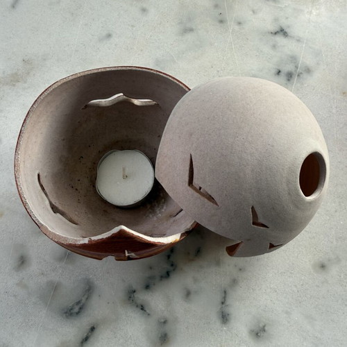 Handmade ceramic lantern with sailboat design, tealight holder
