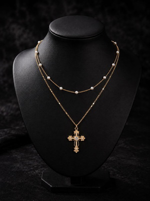 Exis Jewellery gold double necklace with pearls and cross pendant