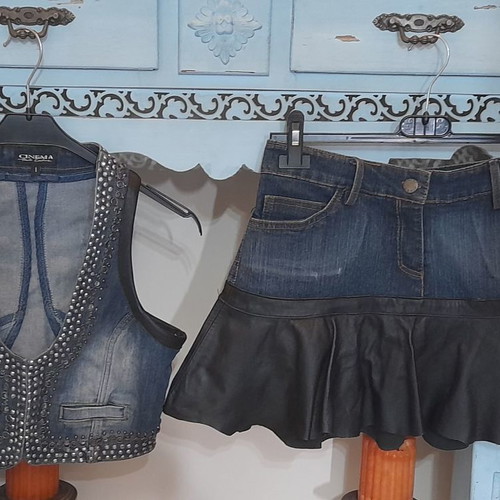 Cinema denim skirt and vest set with genuine leather like new