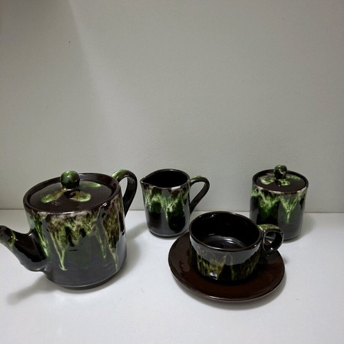 Vintage Vallauris ceramic tea set 1960s like new, brown-green lava glaze