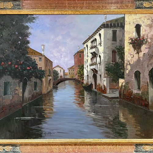 Oil painting used, embossed canal scene with handmade wooden frame