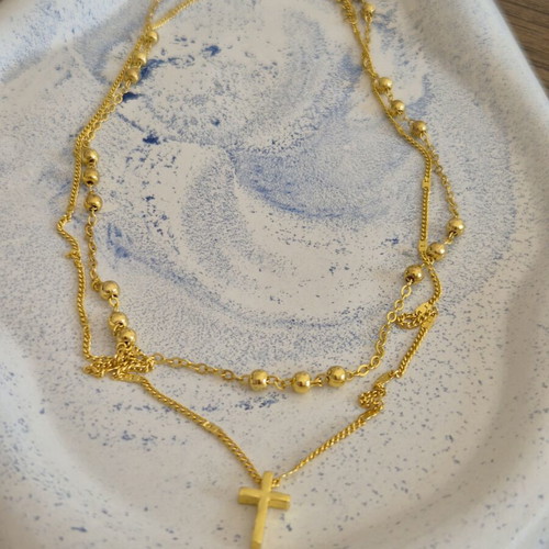 Gold double rosary-style necklace with cross, stainless steel