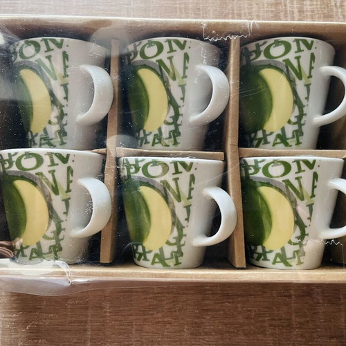 Porcelain coffee cup set with saucers, green apple design, new, 6 pieces