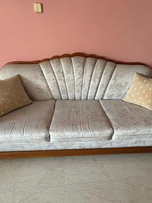 Living room furniture set used with sofa, armchair, covers, and table