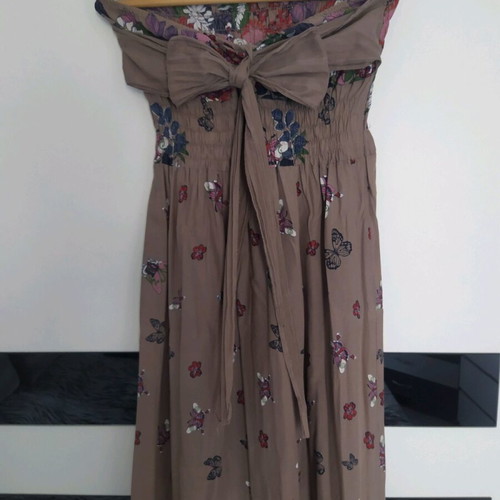Long strapless dress like new, brown with colorful floral and butterfly patterns, sizes S/M