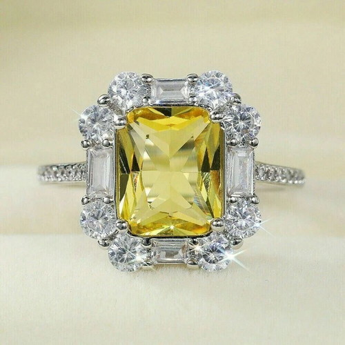 Ring with citrine and zircon, white gold plated, new