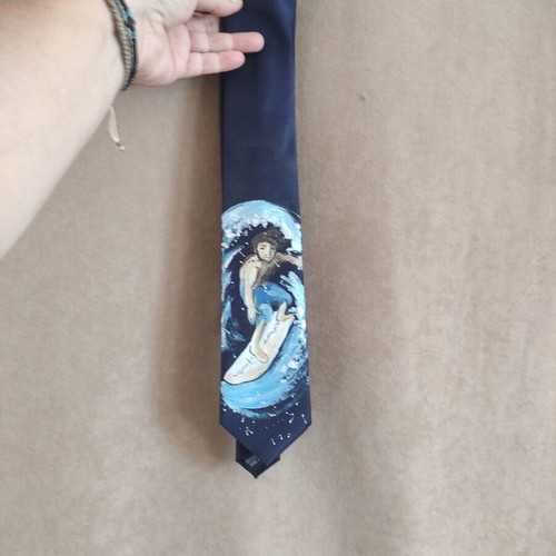 Tie new, hand-painted blue with surfer design