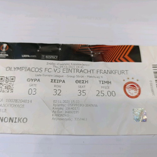 Olympiacos Eintracht Europa League 2022 ticket used