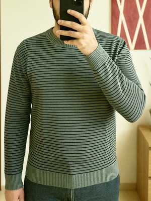 Ριγέ αντρικό πουλόβερ μπλουζάκι με στρογγυλό λαιμό σαν καινούργιο, μέγεθος Large πράσινο