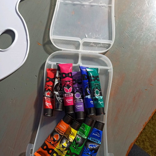 Palette with tempera paints and brush like new, half used colors