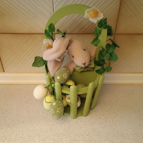 Decorative wooden basket with plush bunny and Easter eggs new