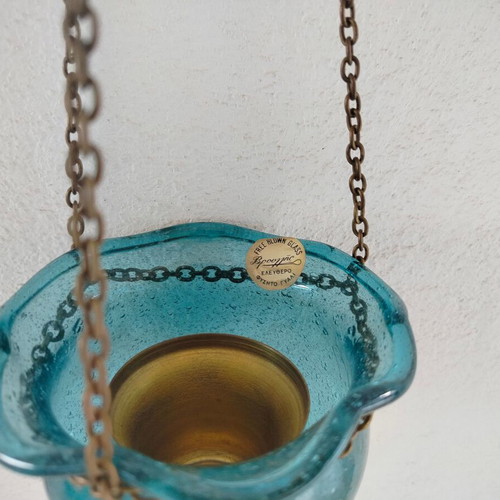 Hanging Oil Lamp Used, Free Blown Glass with Metal Chain