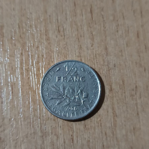 Collectible 1/2 Franc French coin 1968 used, La Semeuse design