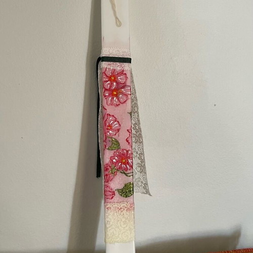 Candle with flowers new, painted with acrylics and decoupage